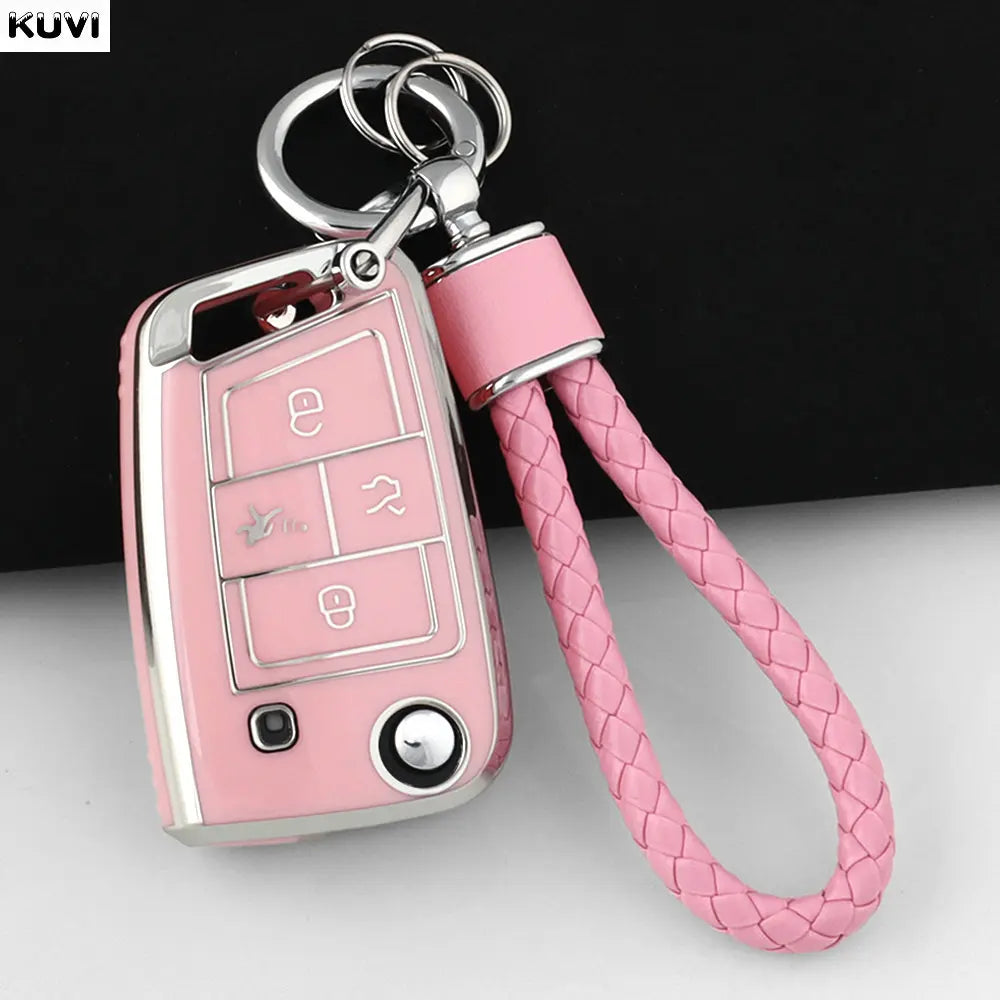 A pink TPU car key fob cover for VW, Skoda, Seat, and Audi vehicles.