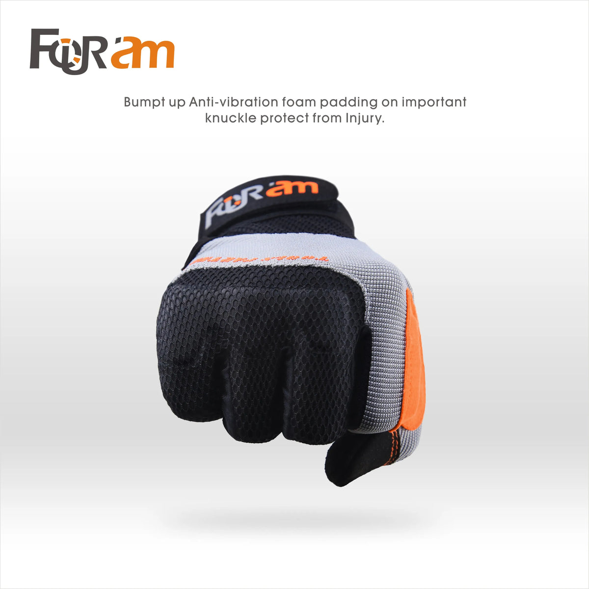 A black and gray work glove designed to provide anti-vibration foam padding for knuckle protection.