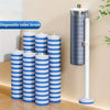 A set of blue and white striped disposable toilet brushes with a wall-mounted holder.