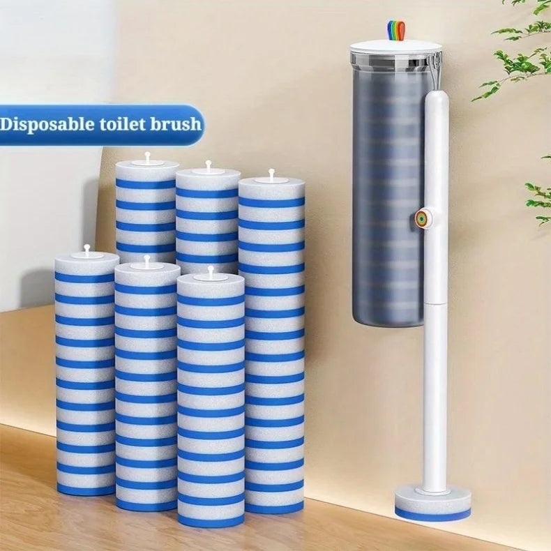 A set of blue and white striped disposable toilet brushes with a wall-mounted holder.