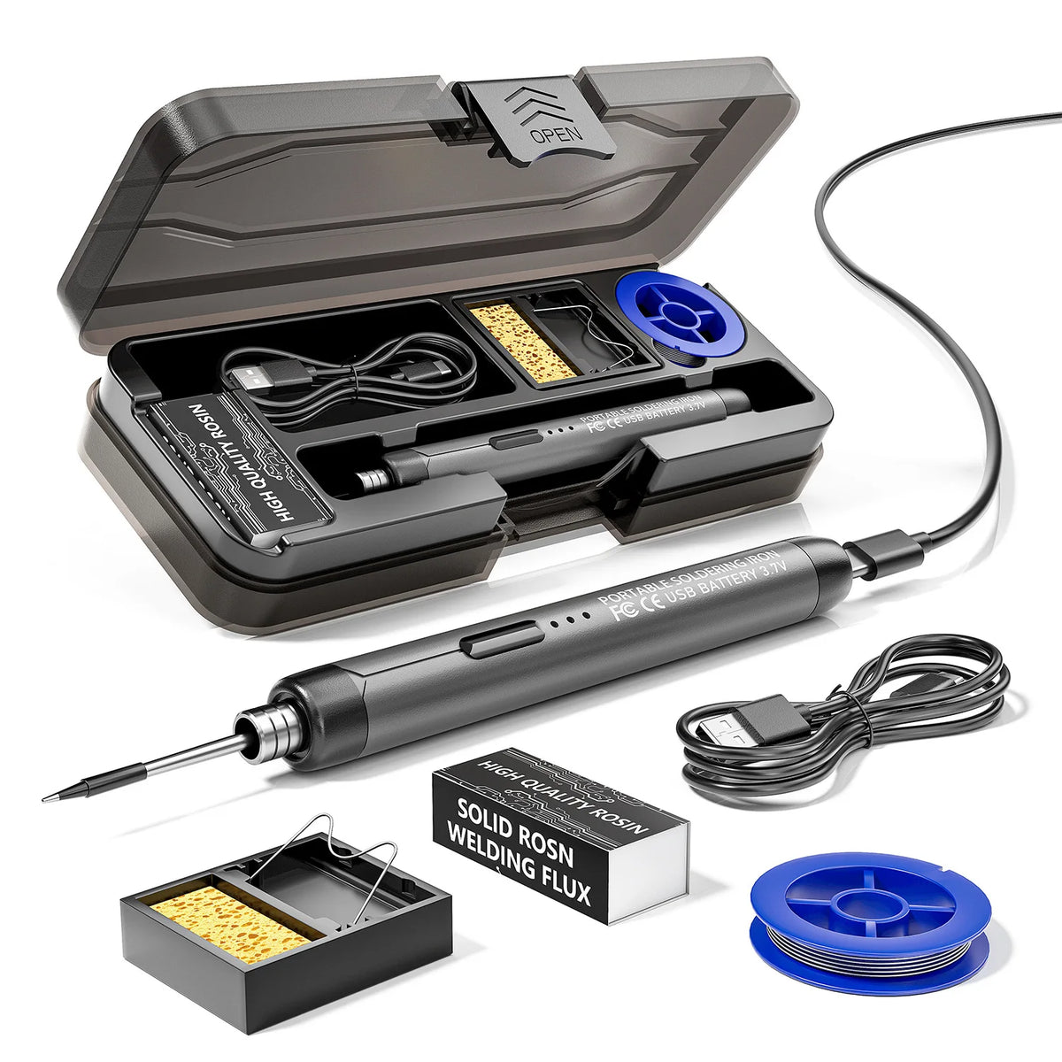 Portables Lötkolben-Set mit Lötkolben und Flussmittelverpackung.