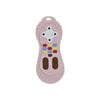 A pink silicone teether toy shaped like a remote control with buttons and a textured grip.