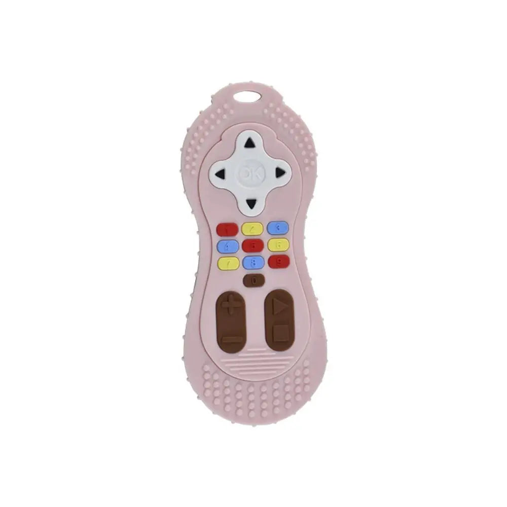 A pink silicone teether toy shaped like a remote control with buttons and a textured grip.