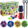 A set of metal gyro spinning tops and launchers in various colors including purple, blue, red, and green.