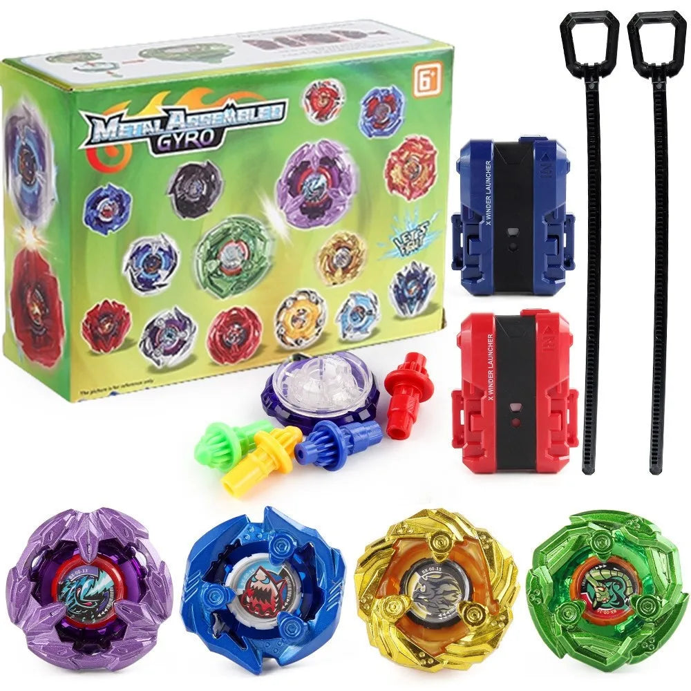 A set of metal gyro spinning tops and launchers in various colors including purple, blue, red, and green.