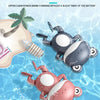 A collection of colorful wind-up swimming frog toys floating in clear water.