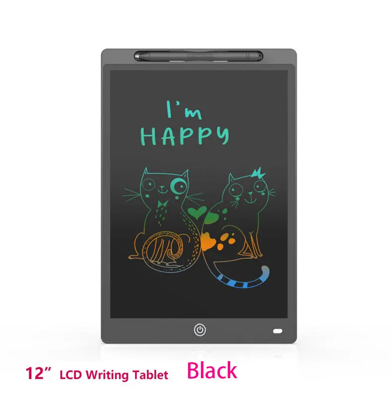 A black 12-inch LCD writing tablet displaying the text I'm happy and drawings of cats.
