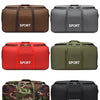 A selection of five heavy-duty waterproof travel duffel bags in various colors including brown, gray, red, olive green, and b