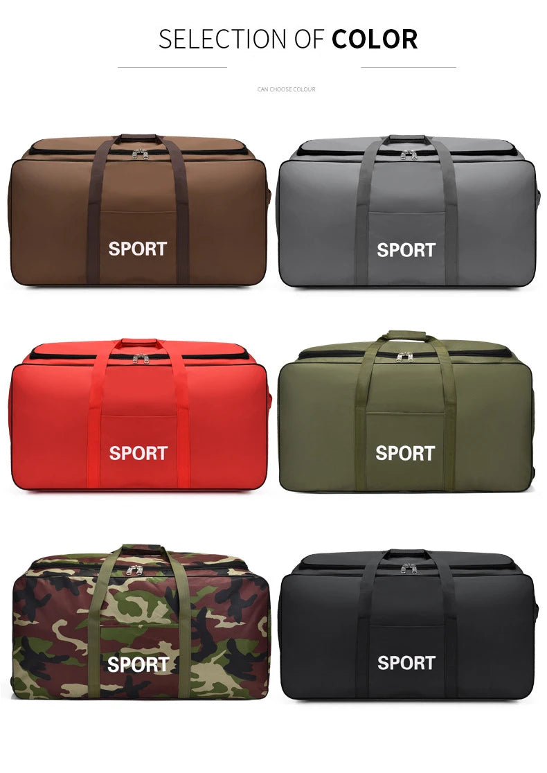 A selection of five heavy-duty waterproof travel duffel bags in various colors including brown, gray, red, olive green, and b