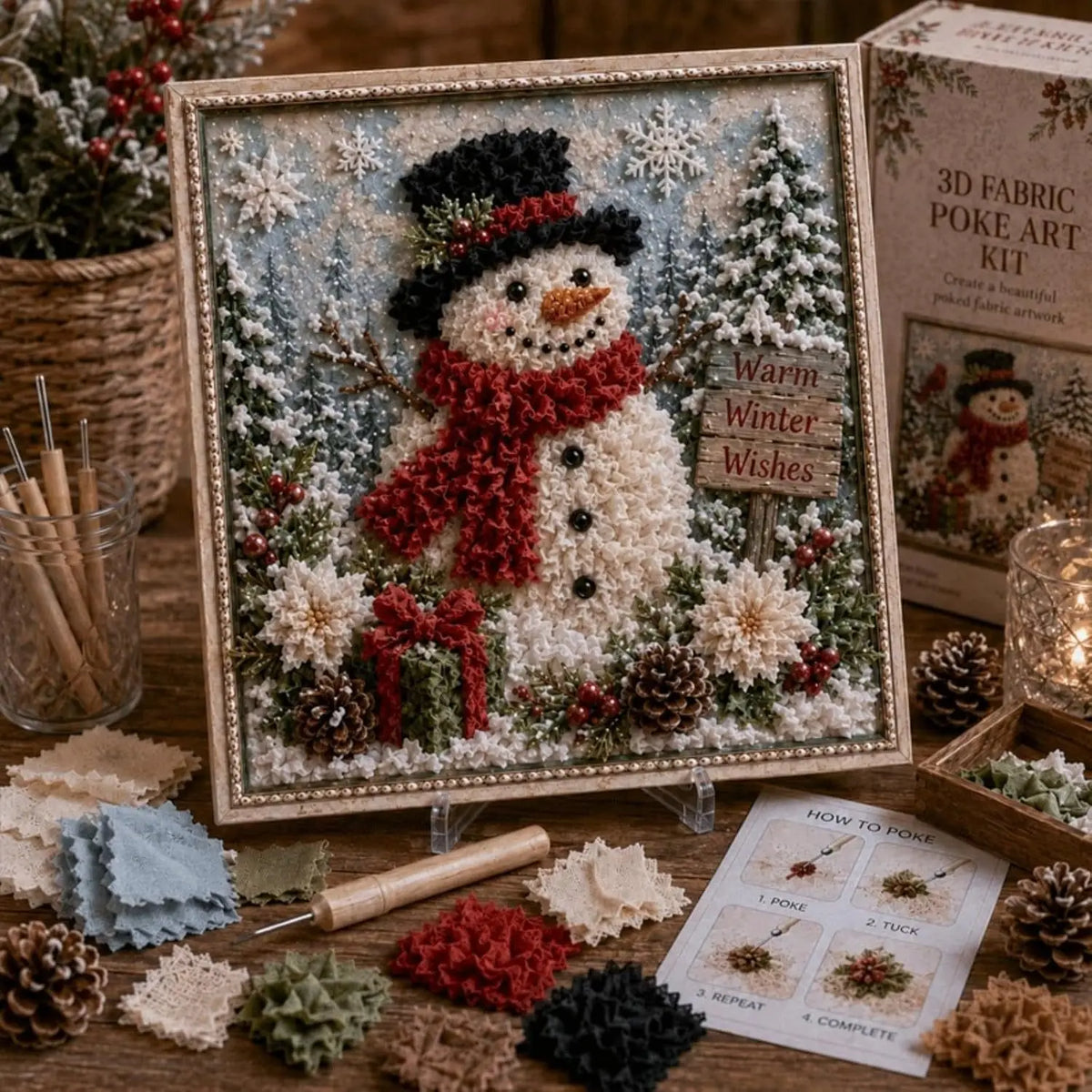 A framed piece of 3D fabric poke art depicting a snowman wearing a red scarf and hat surrounded by winter foliage.