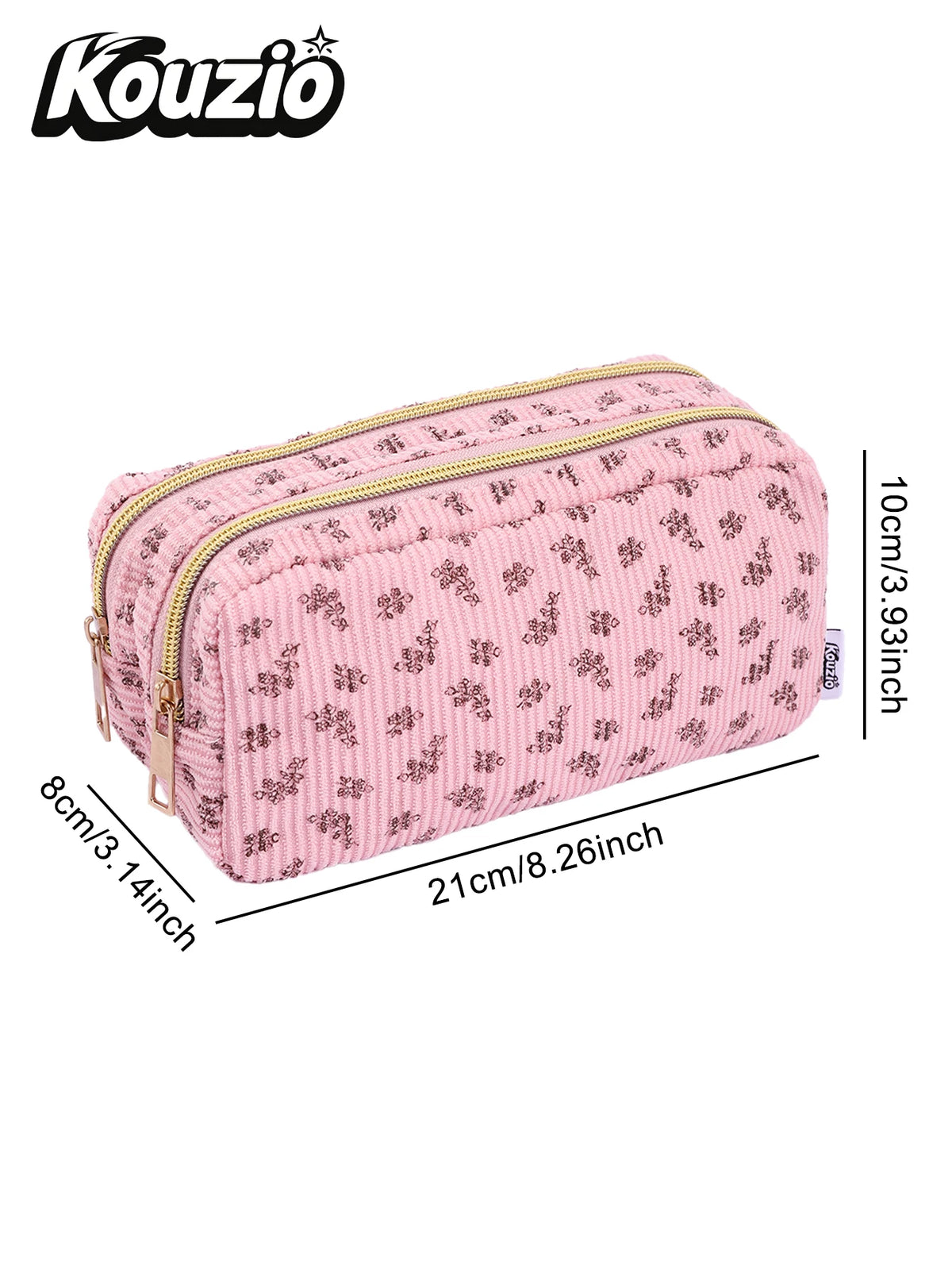 Pink leopard print double-zip pencil case with gold trim and zipper details