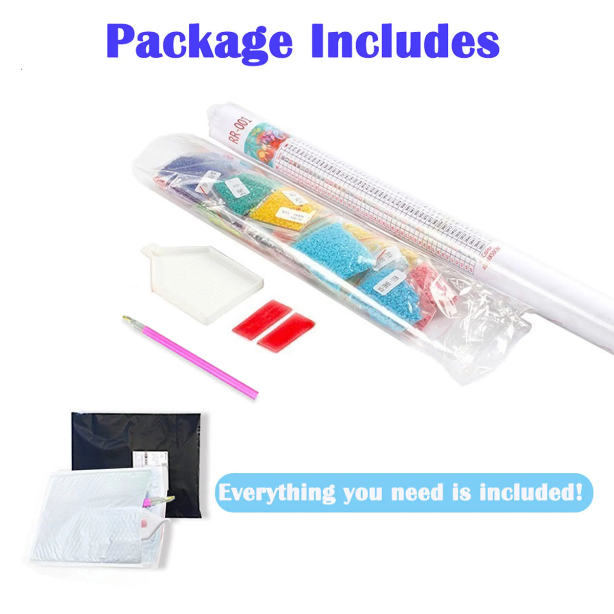 Kit de peinture de diamants comprenant un tube en plastique blanc avec des perles colorées et des outils rouges