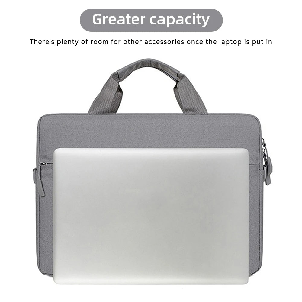 A gray waterproof nylon laptop sleeve with a padded handle is shown, designed to hold a laptop.