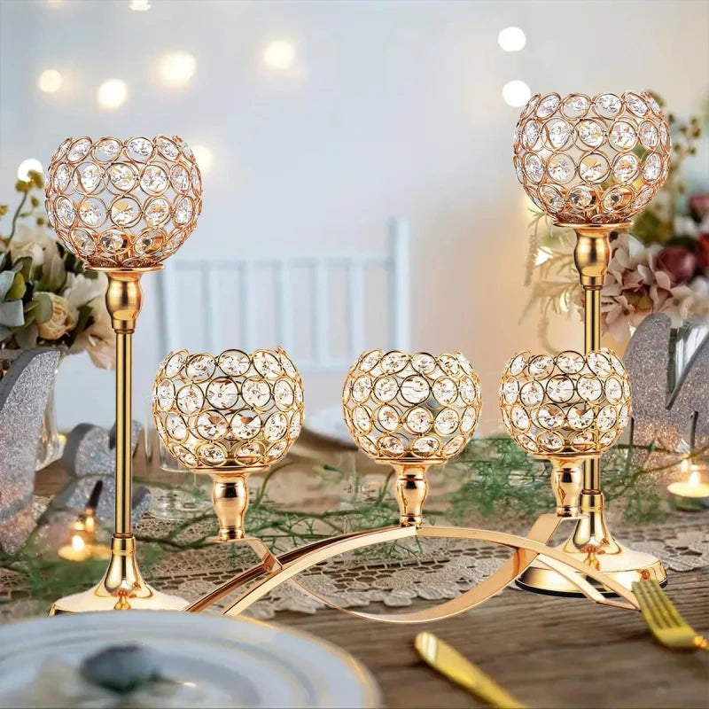 Gold 3-Arm Candelabra with Crystal Bowls for Elegant Table Decor