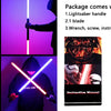An RGB metal lightsaber is shown in various poses and with its components, including a handle, blade, wrench, screw, instruct