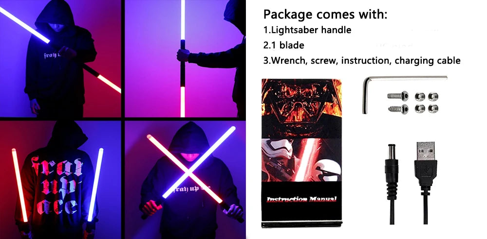 An RGB metal lightsaber is shown in various poses and with its components, including a handle, blade, wrench, screw, instruct