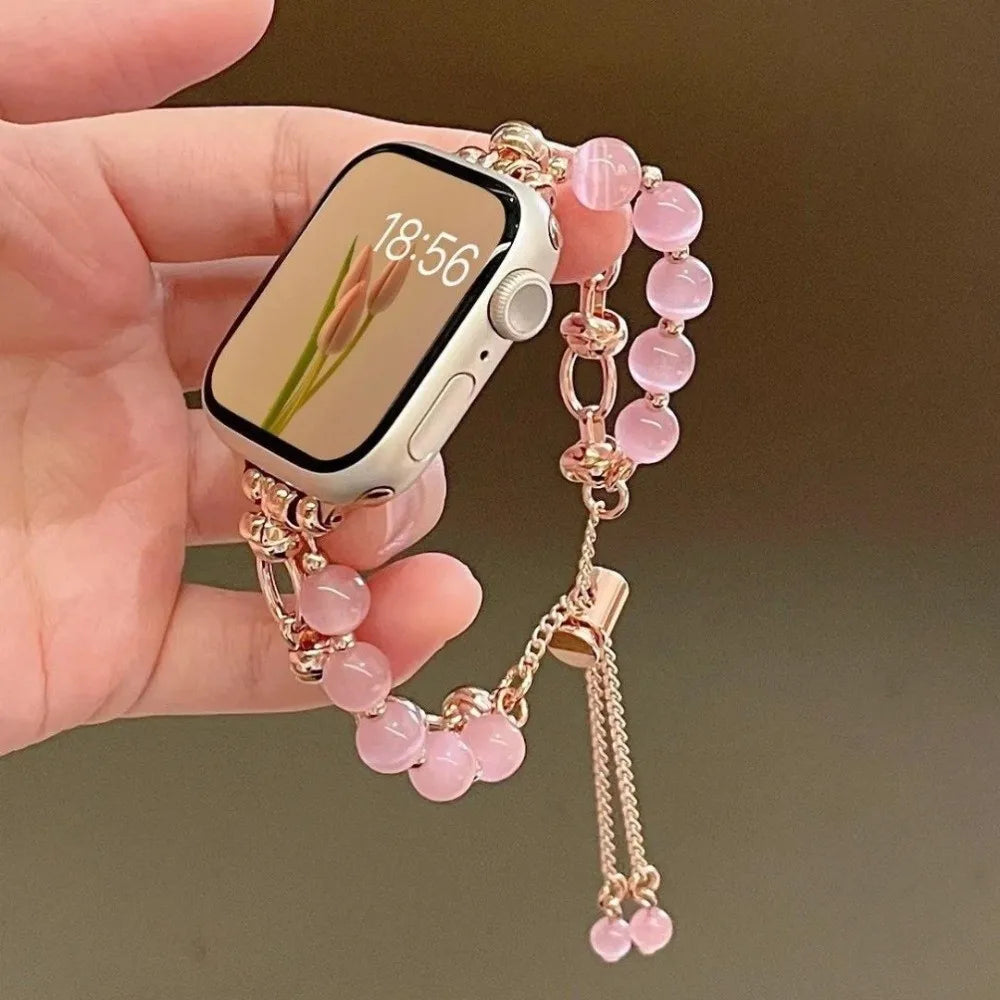 Crystal Bead Watch Strap with Adjustable Metal Link Design