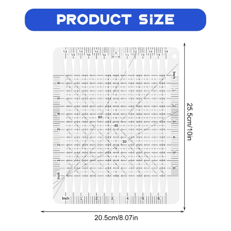 Clear acrylic quilting ruler with dual scale grid and 1/4 inch seam guide showing measurements in inches and centimeters.