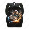 Schwarzer taktischer Rucksack mit Grafik eines brennenden Autos und Blitzes.