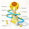 A yellow duck slide track toy featuring a spiral ramp, turning gear, and music buttons for educational fun.