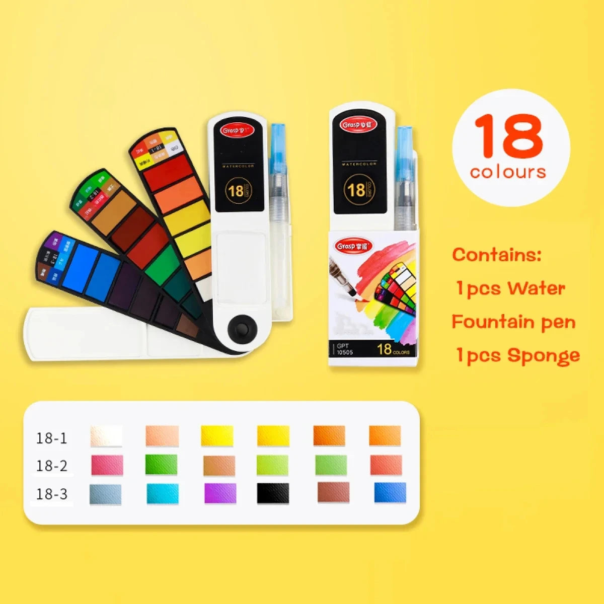 A watercolor paint set featuring 18 colors, including paint tubes and a sponge, displayed on a yellow background.