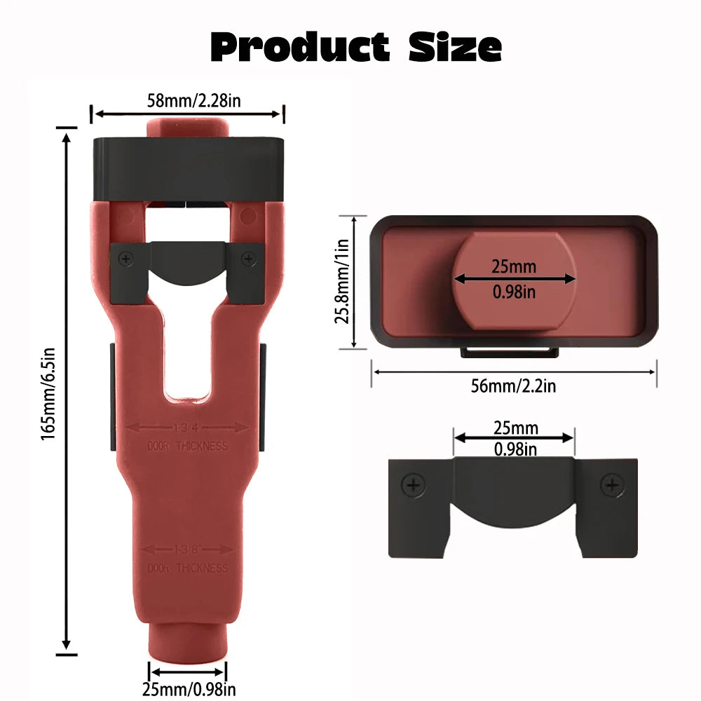 A red door latch mortise installation kit with a black chisel guide and various dimensions shown.