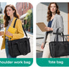 Four black laptop tote bags shown in various styles including crossbody, shoulder work, tote, and hand bags.