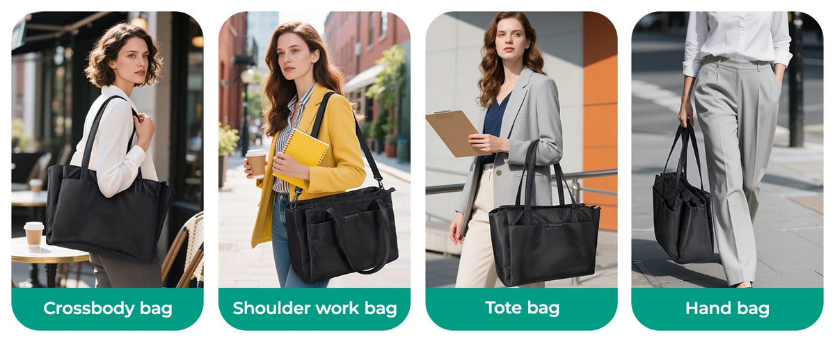 Four black laptop tote bags shown in various styles including crossbody, shoulder work, tote, and hand bags.