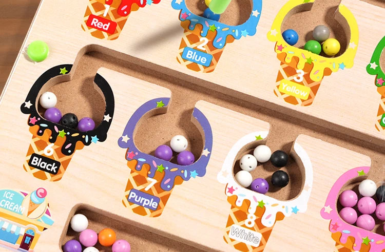 Wooden magnetic color sorting maze board with seven colored holes for kids