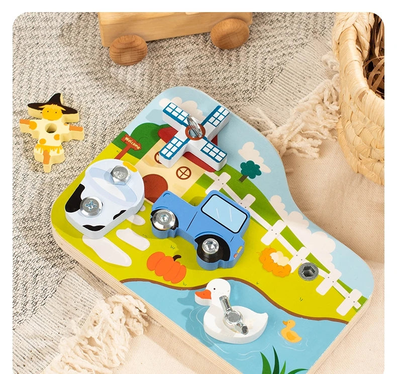 A wooden farm animal assembly toy featuring a blue airplane, a blue car, and a white duck on a light wood board.