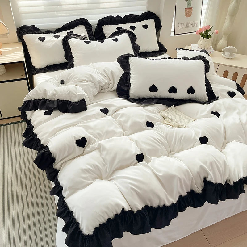 Black Heart Embroidered Duvet Cover Set — 3-Piece Bedding Collection