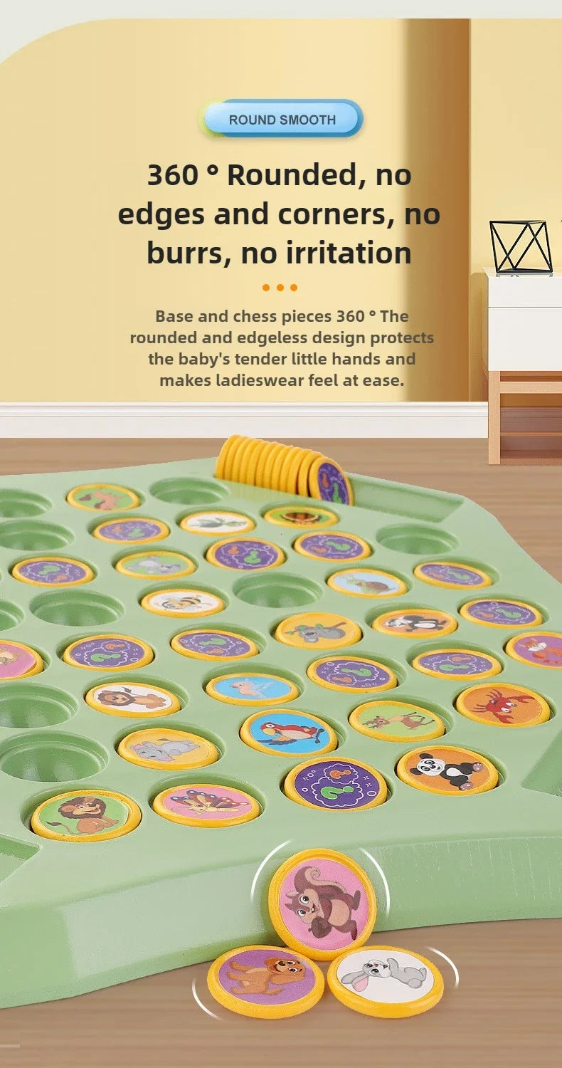 A green board game featuring round, edible chess pieces with various animal designs for children.
