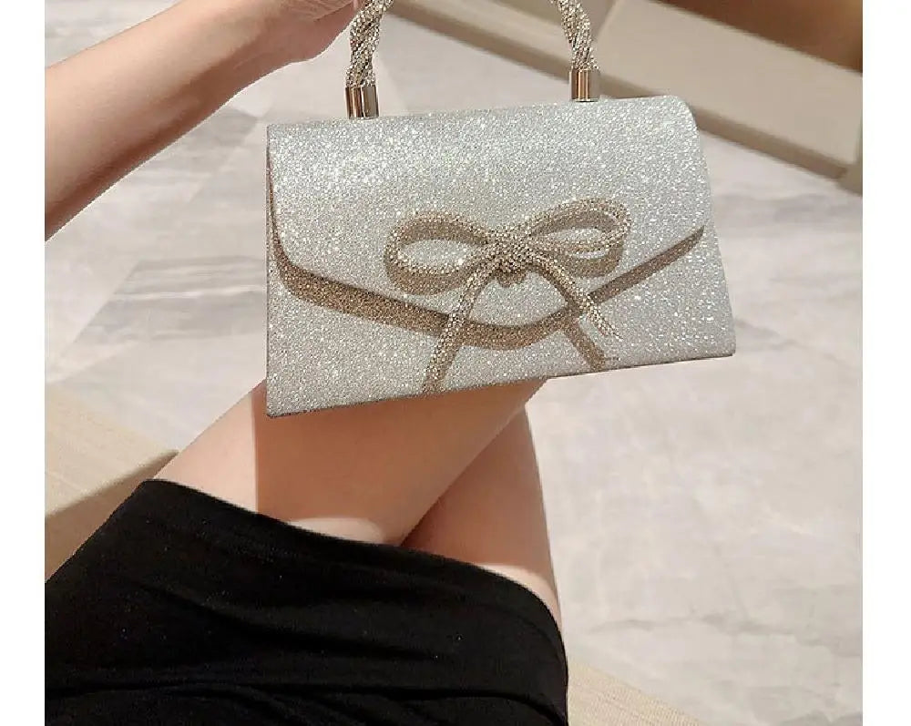 Crystal Bowknot Evening Clutch with Chain Strap