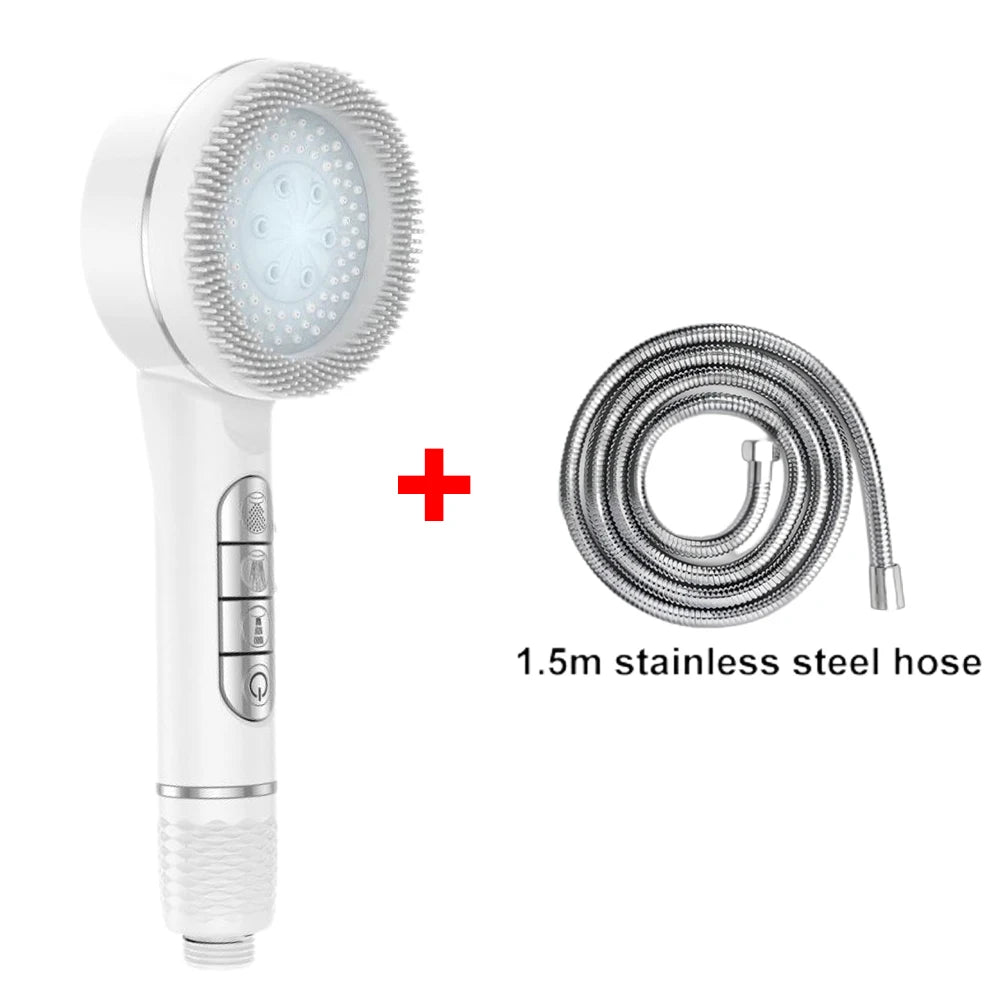 White 4-mode high-pressure handheld shower head with a stainless steel hose and silicone nozzles
