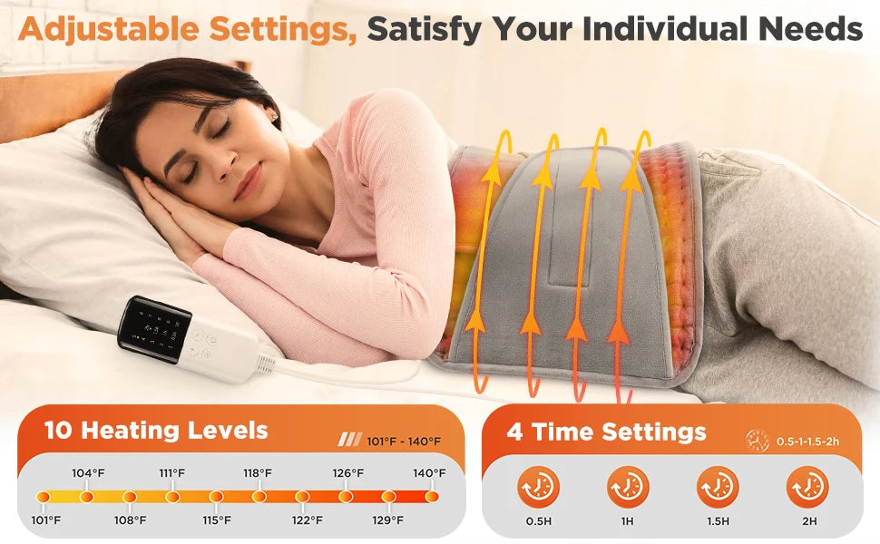 A woman is using an adjustable electric heating pad on her back for pain relief and warmth.