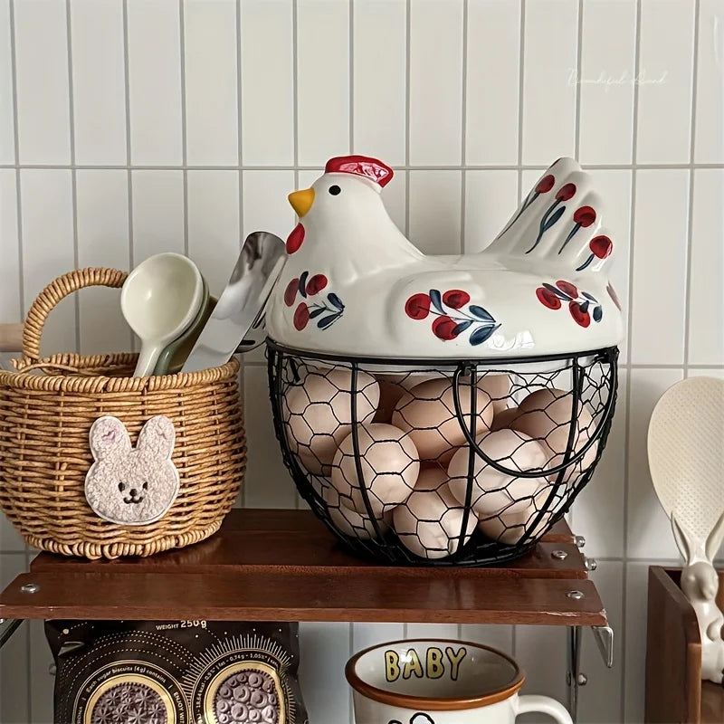 A rustic ceramic hen-shaped egg basket with a lid sits on a wooden shelf next to a white ceramic mug.