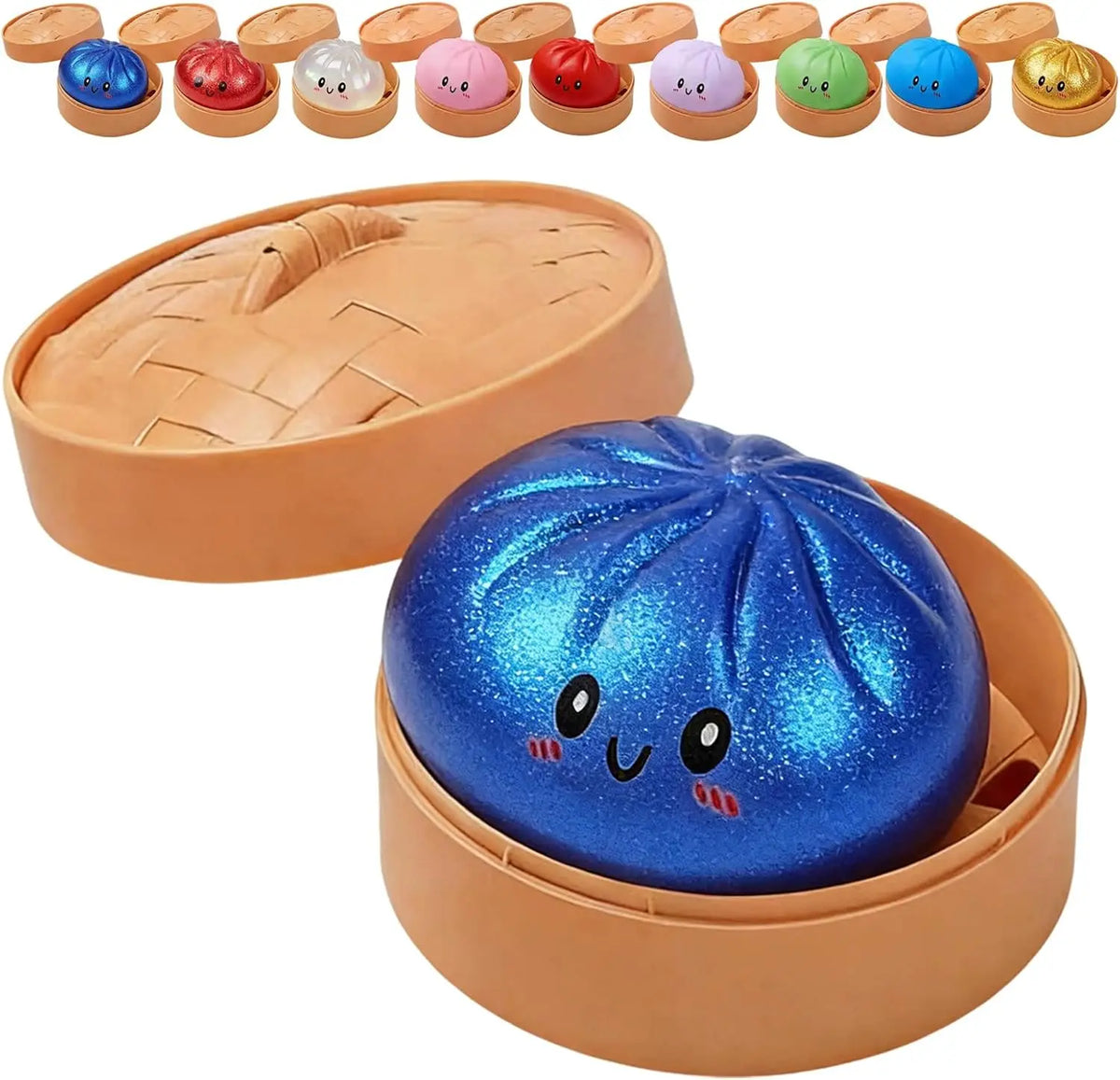 A set of colorful glitter dumpling squishy toys displayed in a cardboard container.