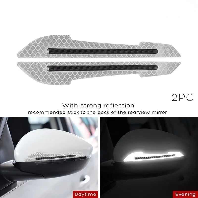 Two reflective safety strips for the back of a rearview mirror, shown in daytime and evening light.
