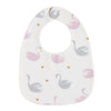 A white baby bib with a pink and gray flamingo pattern and a U-shaped design.