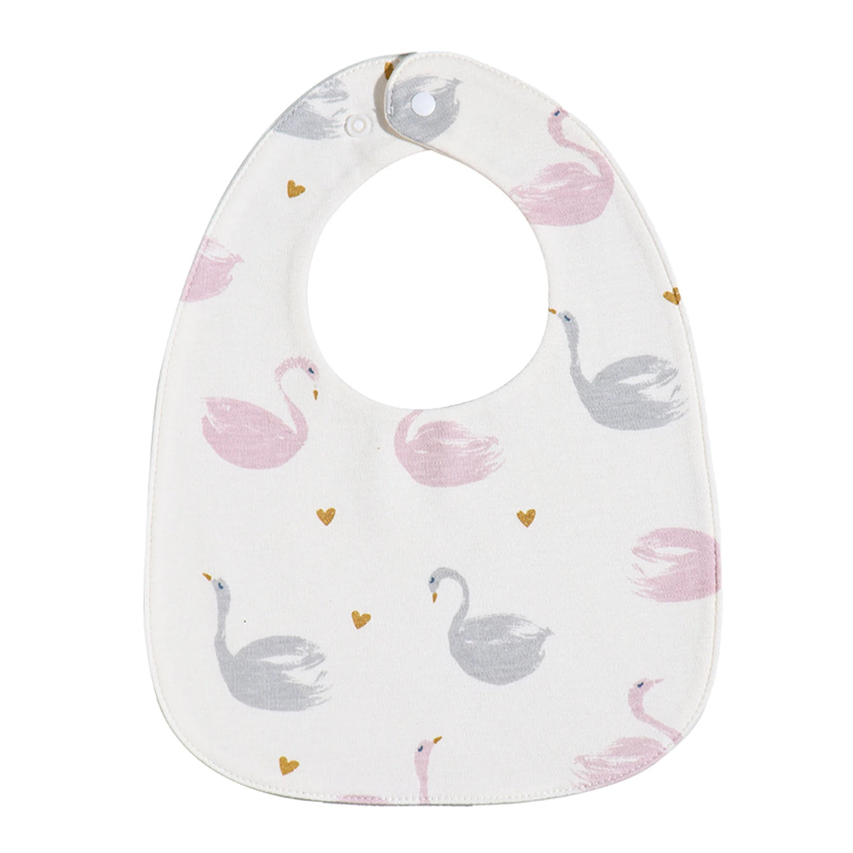 A white baby bib with a pink and gray flamingo pattern and a U-shaped design.