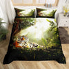 A duvet cover set featuring a wildlife print of a tiger in a lush jungle environment.
