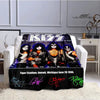 A black flannel throw blanket featuring images of the Kiss band members and text related to Tiger Stadium.