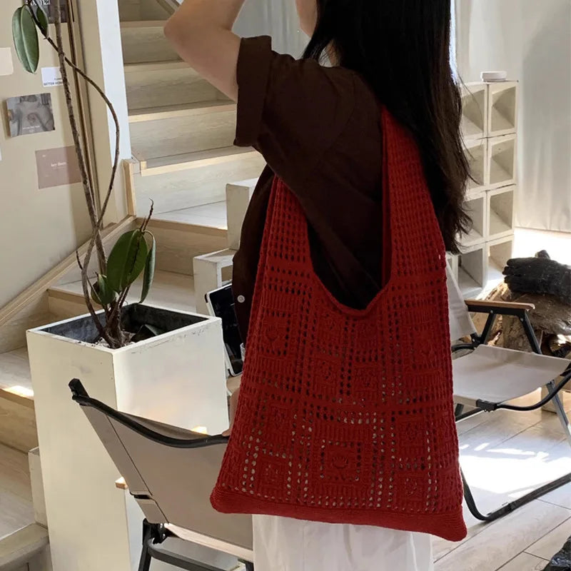 Handwoven Knit Shoulder Bag with Open-Weave Design