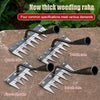 A collection of various sized metal weeding rakes, including 5-tooth, 6-tooth, 7-tooth, and 8-tooth models, displayed on a st
