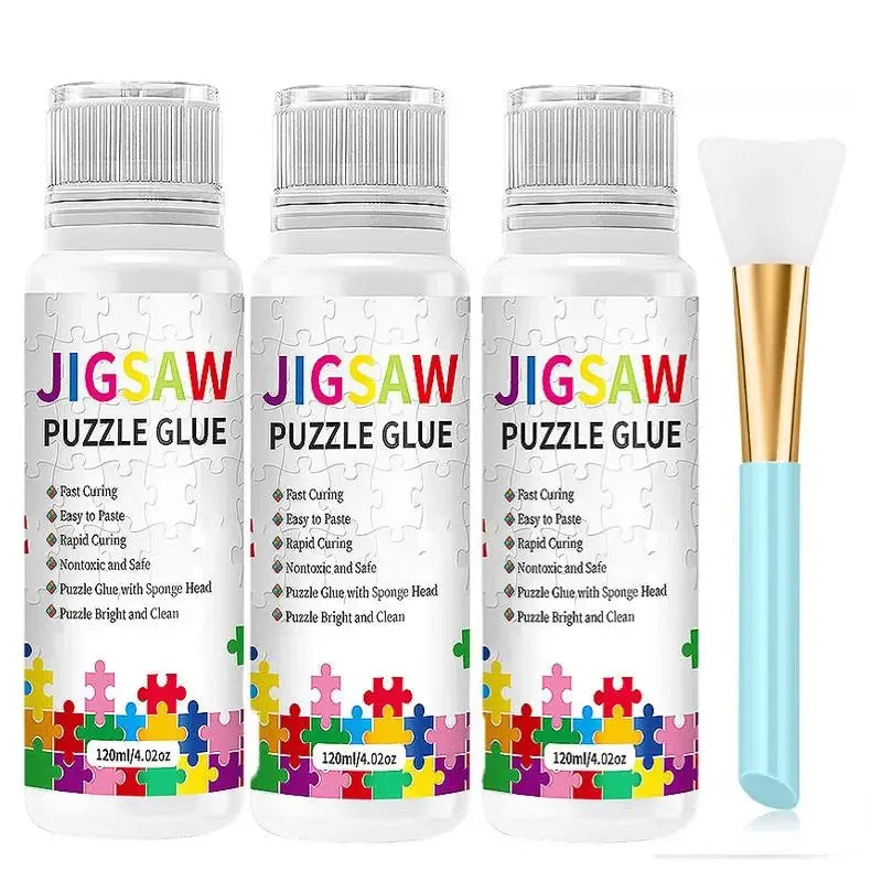 Three bottles of Jigsaw Puzzle Glue for diamond painting with a glossy finish