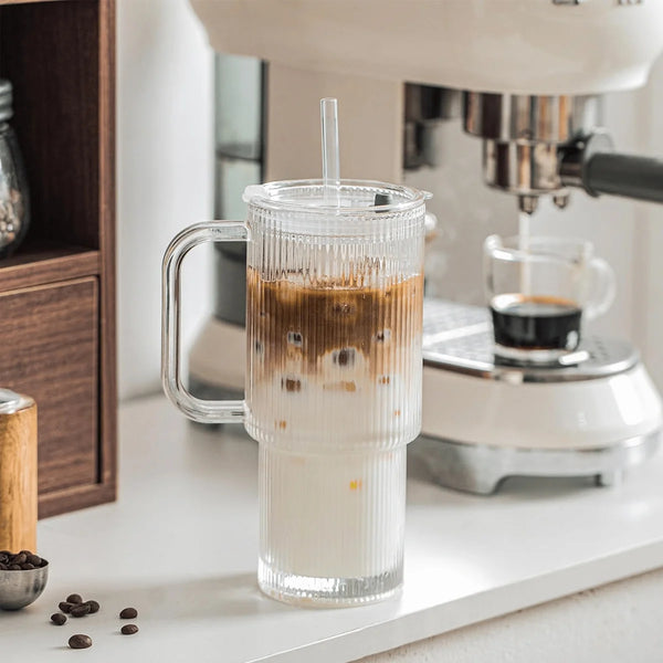 Ribbed Glass Tumbler with Handle & Lid