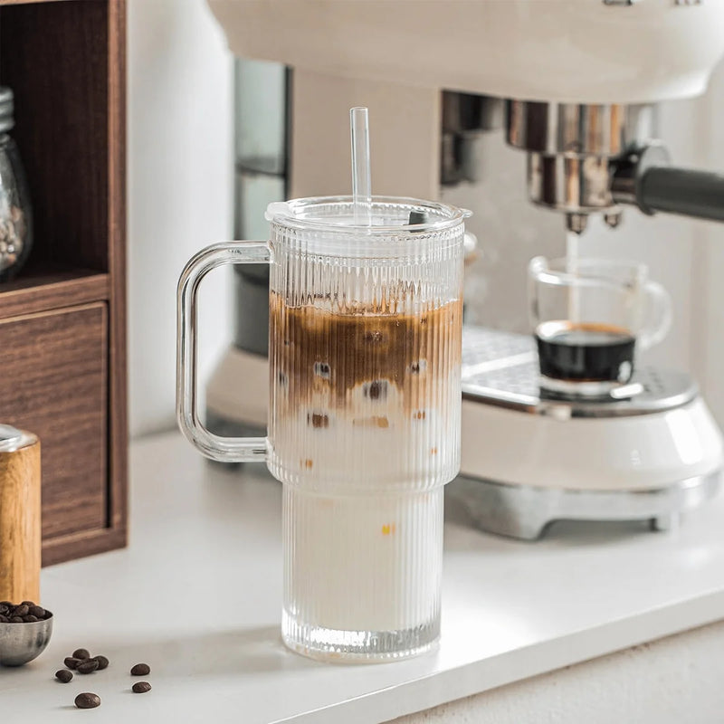 Ribbed Glass Tumbler with Handle & Lid