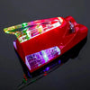 A red wind-powered LED antenna light for vehicles, featuring clear and purple colored lights.