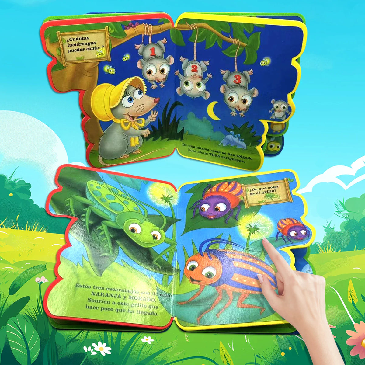 Kinderlehrbuch mit Illustrationen von Tieren und spanischen Wörtern wie cuentas und grillos