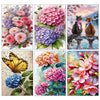 A collage of floral paintings featuring pink, purple, and orange hydrangeas and roses for a diamond painting kit.